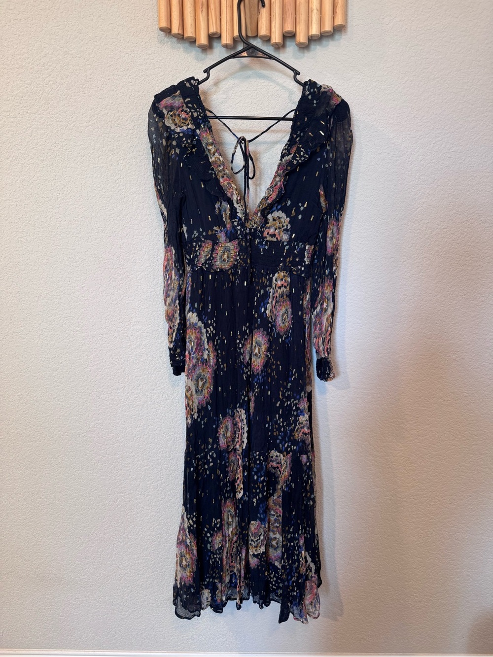 Anthropologie Small Boho Floral Sheer Sleeve Midi Dress Navy with pockets :) - Picture 10 of 15